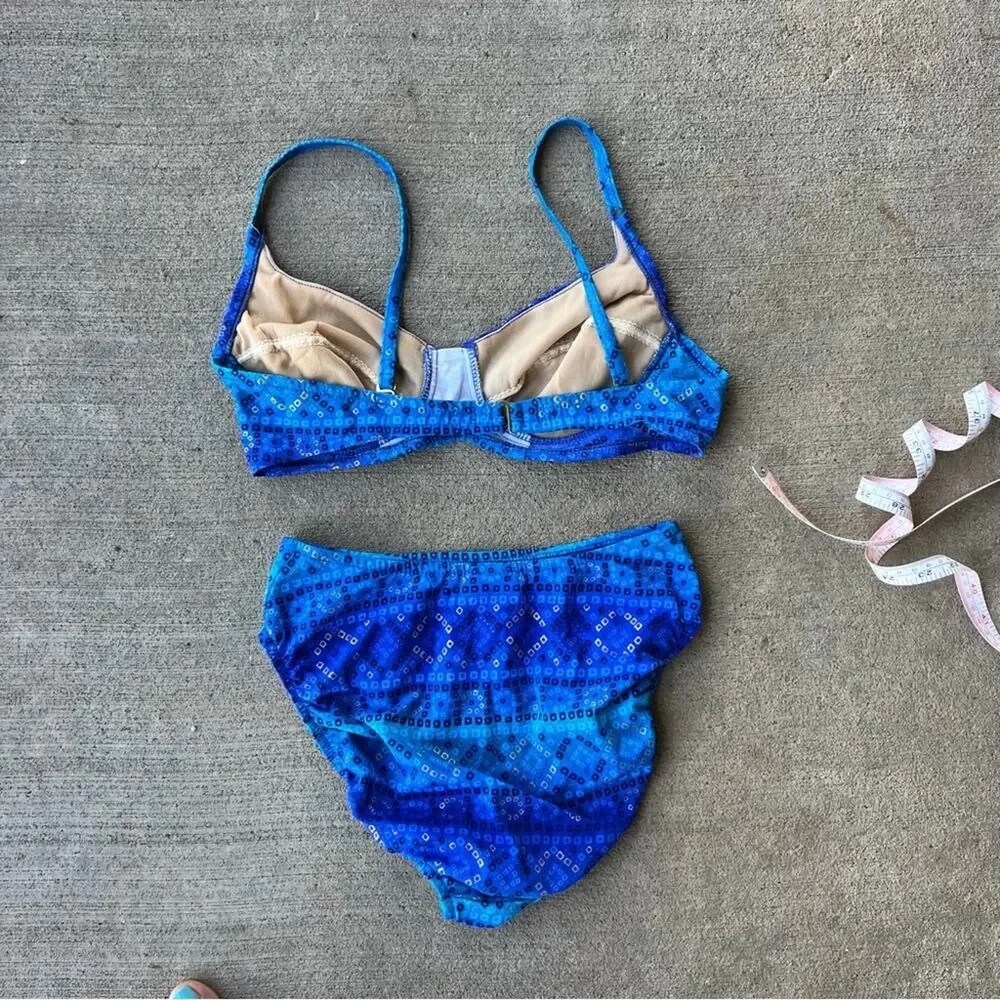 Vintage 90s Jantzen blue metallic diamond print high cut bikini swimsuit set